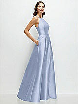 Side View Thumbnail - Sky Blue Jewel Neck Halter Full A-Line Satin Maxi Dress