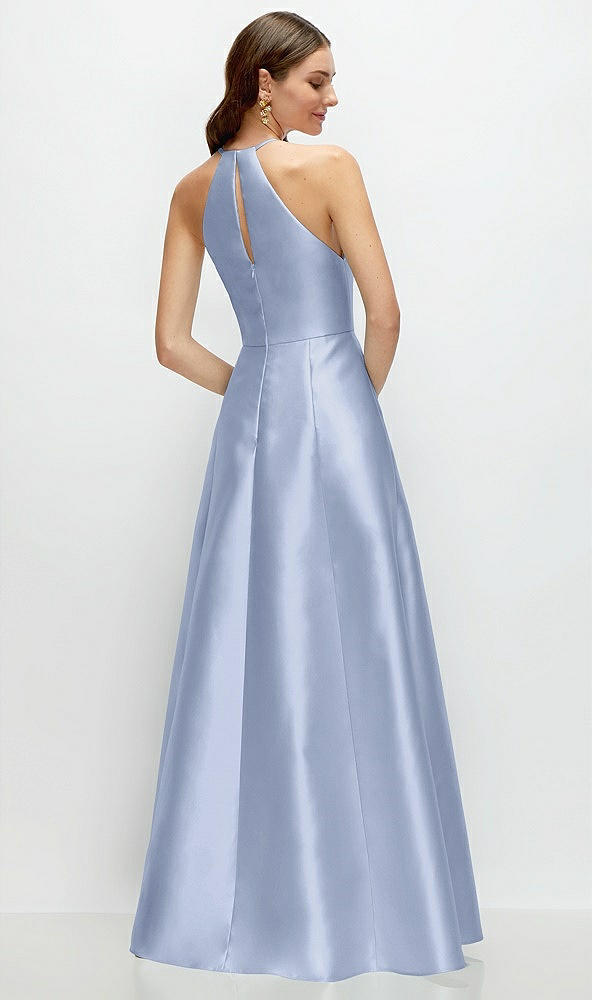 Back View - Sky Blue Jewel Neck Halter Full A-Line Satin Maxi Dress