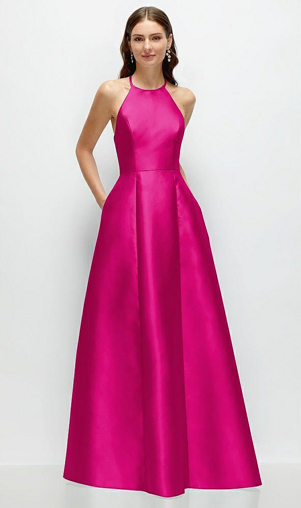 Front View - Think Pink Jewel Neck Halter Full A-Line Satin Maxi Dress