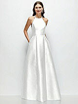 Front View Thumbnail - White Jewel Neck Halter Full A-Line Satin Maxi Dress