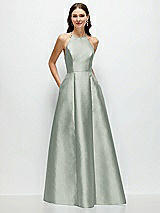 Front View Thumbnail - Willow Green Jewel Neck Halter Full A-Line Satin Maxi Dress