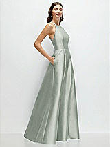 Side View Thumbnail - Willow Green Jewel Neck Halter Full A-Line Satin Maxi Dress