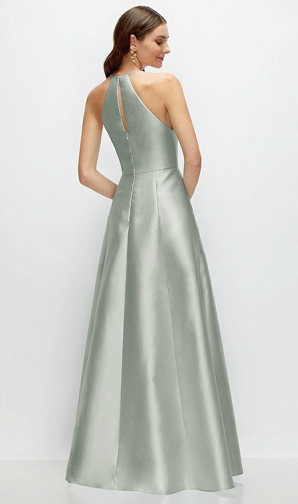 Back View - Willow Green Jewel Neck Halter Full A-Line Satin Maxi Dress