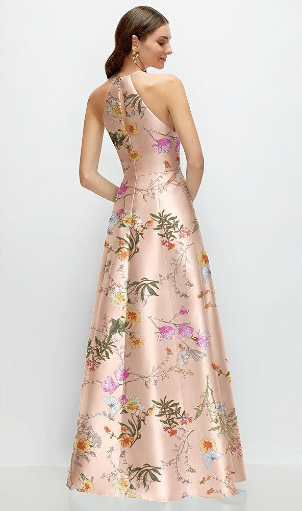 Back View - Butterfly Botanica Pink Sand Jewel Neck Halter Full A-Line Satin Floral Maxi Dress