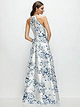 Rear View Thumbnail - Cottage Rose Larkspur Jewel Neck Halter Full A-Line Satin Floral Maxi Dress