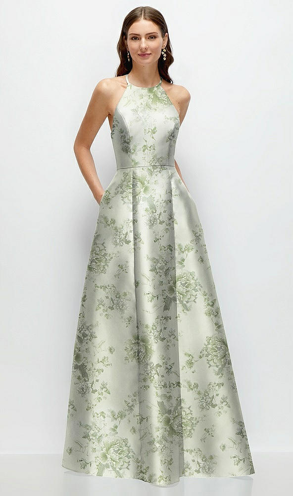 Front View - Sage Cottage Rose Jewel Neck Halter Full A-Line Satin Floral Maxi Dress