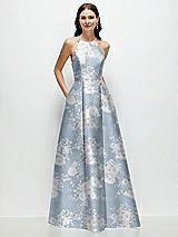 Front View Thumbnail - Porcelain Blue Seraphina Floral Jewel Neck Halter Full A-Line Satin Floral Maxi Dress