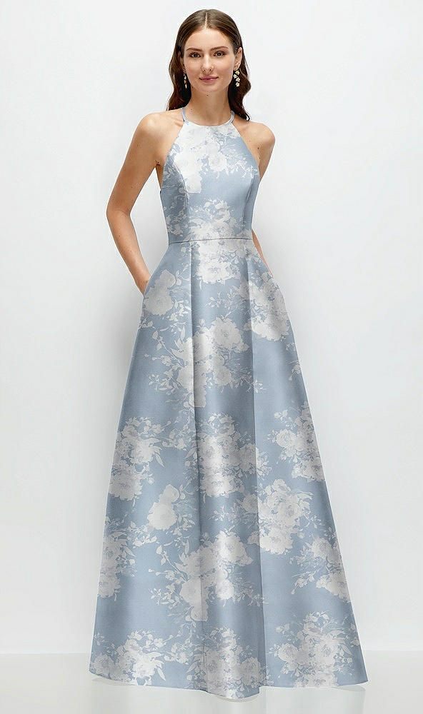 Front View - Porcelain Blue Seraphina Floral Jewel Neck Halter Full A-Line Satin Floral Maxi Dress