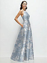 Side View Thumbnail - Porcelain Blue Seraphina Floral Jewel Neck Halter Full A-Line Satin Floral Maxi Dress