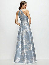 Rear View Thumbnail - Porcelain Blue Seraphina Floral Jewel Neck Halter Full A-Line Satin Floral Maxi Dress