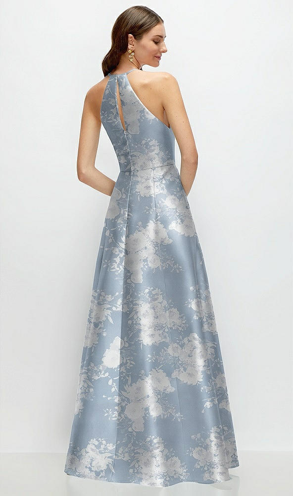 Back View - Porcelain Blue Seraphina Floral Jewel Neck Halter Full A-Line Satin Floral Maxi Dress