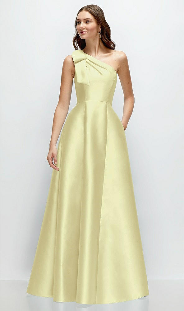 Front View - Butter Yellow Bow One-Shoulder Full A-Line Satin Maxi Dress