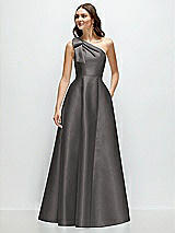 Front View Thumbnail - Caviar Gray Bow One-Shoulder Full A-Line Satin Maxi Dress