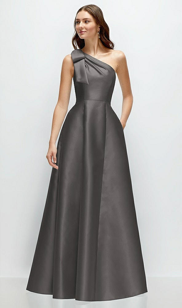 Front View - Caviar Gray Bow One-Shoulder Full A-Line Satin Maxi Dress