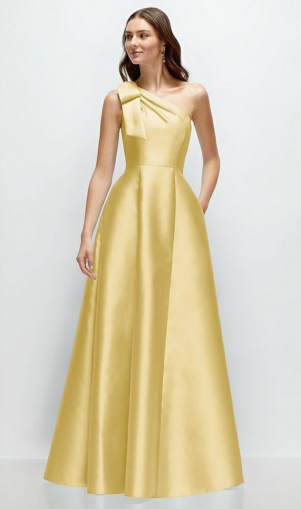 Front View - Maize Bow One-Shoulder Full A-Line Satin Maxi Dress