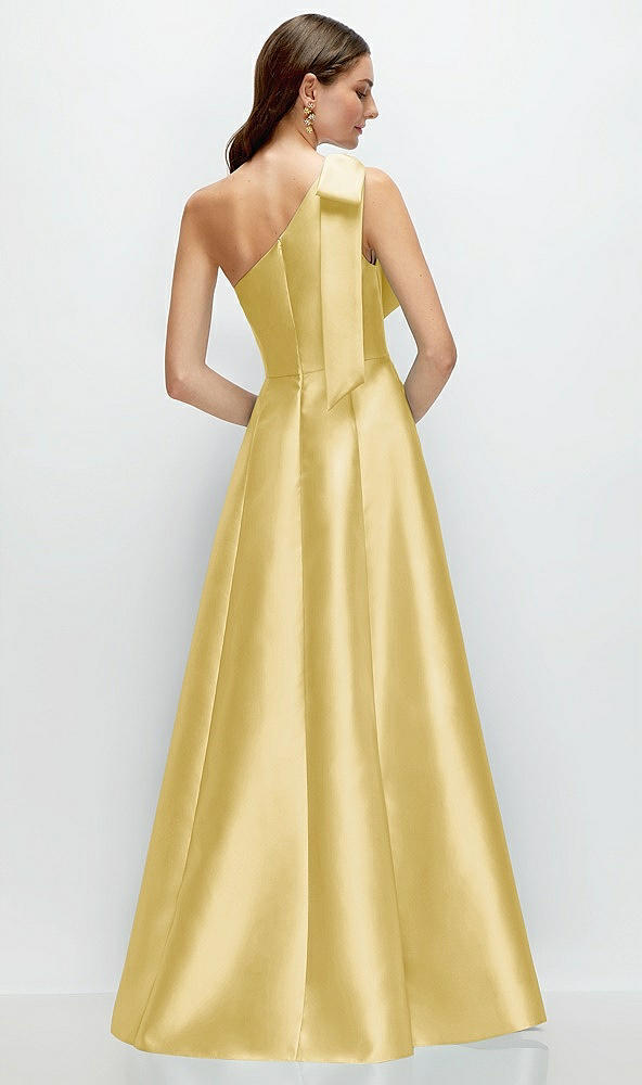 Back View - Maize Bow One-Shoulder Full A-Line Satin Maxi Dress