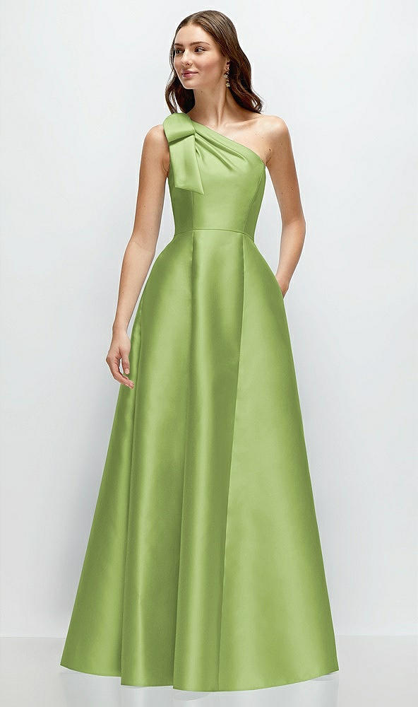 Front View - Mojito Bow One-Shoulder Full A-Line Satin Maxi Dress