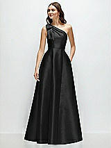 Front View Thumbnail - Black Bow One-Shoulder Full A-Line Satin Maxi Dress