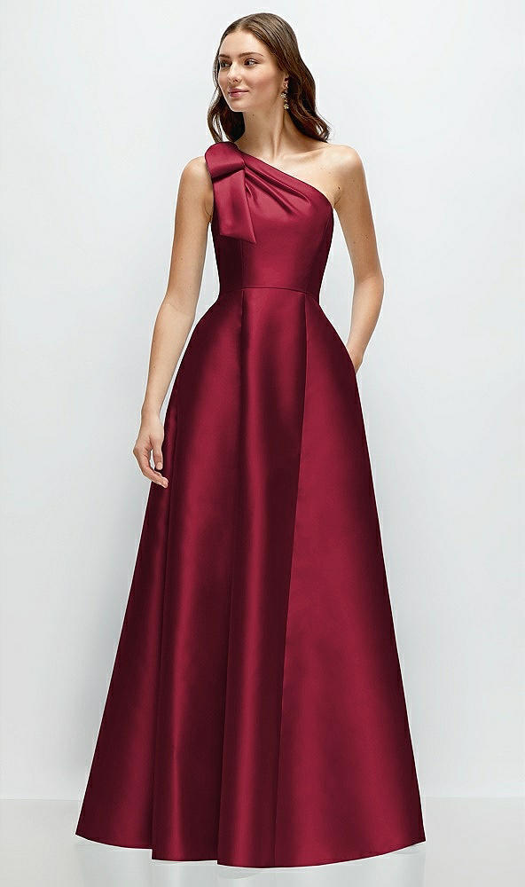 Front View - Burgundy Bow One-Shoulder Full A-Line Satin Maxi Dress