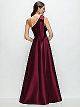 Rear View Thumbnail - Cabernet Bow One-Shoulder Full A-Line Satin Maxi Dress