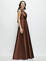 Side View Thumbnail - Cognac Bow One-Shoulder Full A-Line Satin Maxi Dress