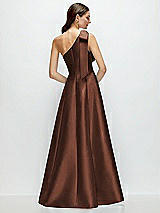 Rear View Thumbnail - Cognac Bow One-Shoulder Full A-Line Satin Maxi Dress