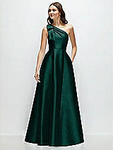 Front View Thumbnail - Evergreen Bow One-Shoulder Full A-Line Satin Maxi Dress