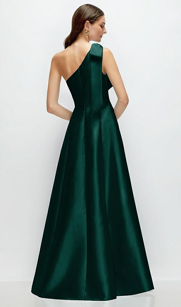 Back View - Evergreen Bow One-Shoulder Full A-Line Satin Maxi Dress