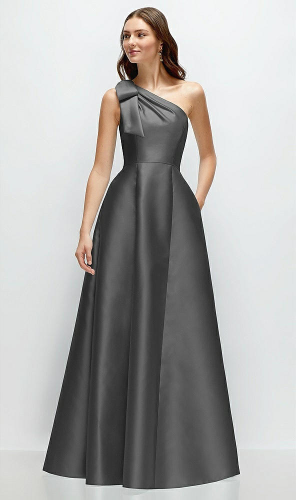 Front View - Gunmetal Bow One-Shoulder Full A-Line Satin Maxi Dress