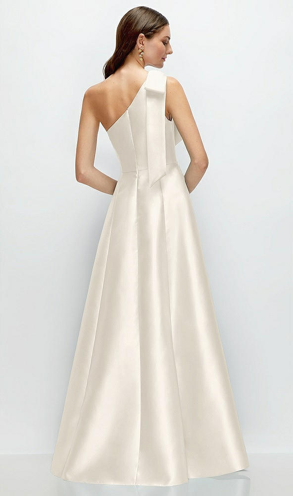 Back View - Ivory Bow One-Shoulder Full A-Line Satin Maxi Dress