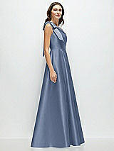 Side View Thumbnail - Larkspur Blue Bow One-Shoulder Full A-Line Satin Maxi Dress