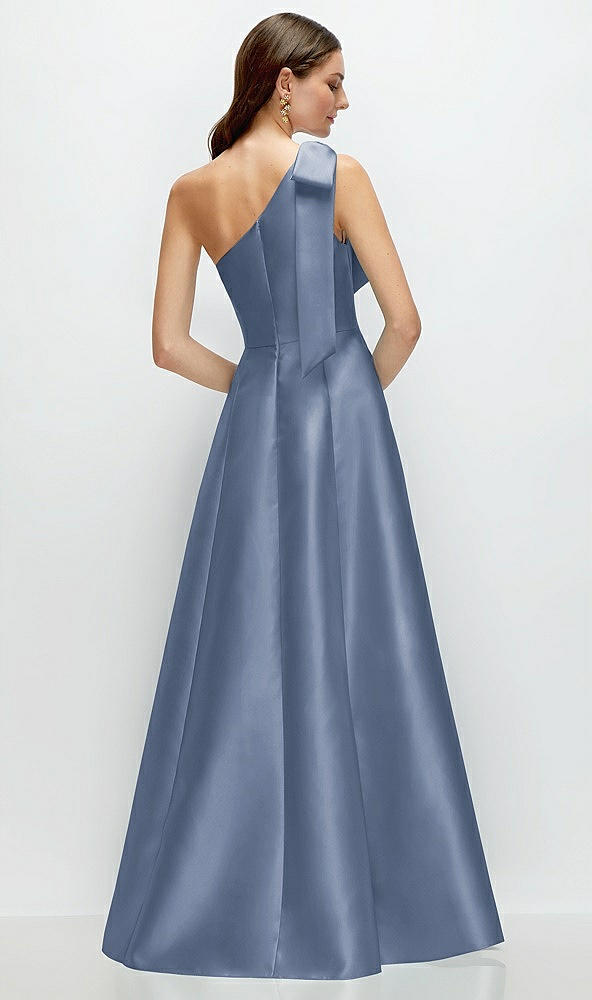 Back View - Larkspur Blue Bow One-Shoulder Full A-Line Satin Maxi Dress