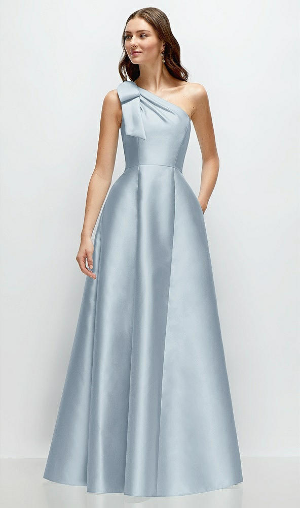 Front View - Mist Bow One-Shoulder Full A-Line Satin Maxi Dress