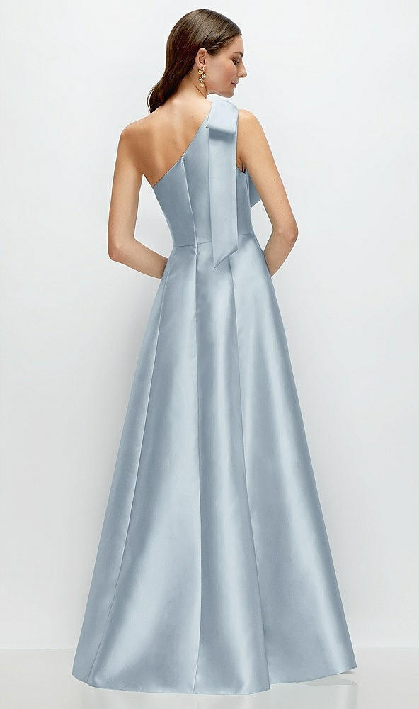 Back View - Mist Bow One-Shoulder Full A-Line Satin Maxi Dress