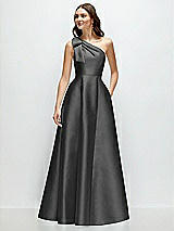 Front View Thumbnail - Pewter Bow One-Shoulder Full A-Line Satin Maxi Dress