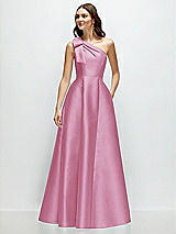 Front View Thumbnail - Powder Pink Bow One-Shoulder Full A-Line Satin Maxi Dress