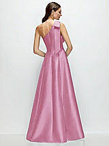 Rear View Thumbnail - Powder Pink Bow One-Shoulder Full A-Line Satin Maxi Dress