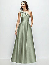 Front View Thumbnail - Sage Bow One-Shoulder Full A-Line Satin Maxi Dress