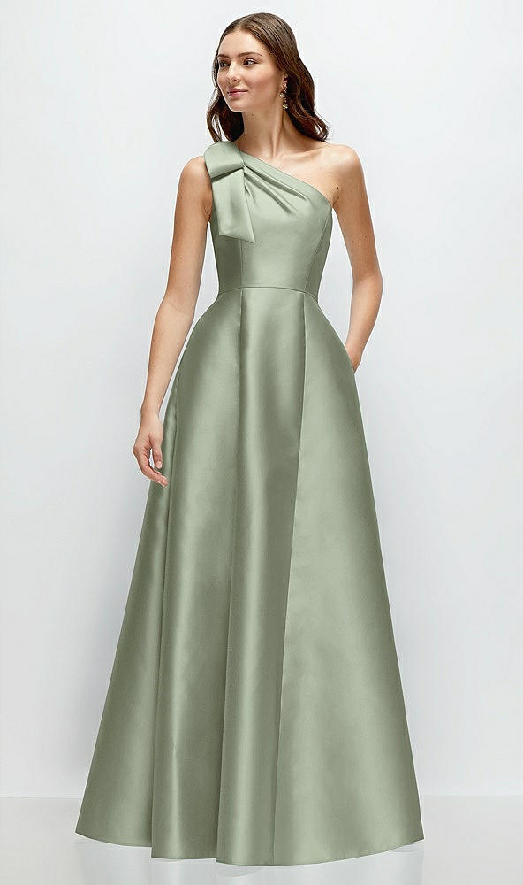 Front View - Sage Bow One-Shoulder Full A-Line Satin Maxi Dress