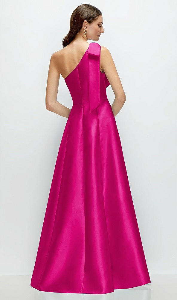 Back View - Think Pink Bow One-Shoulder Full A-Line Satin Maxi Dress