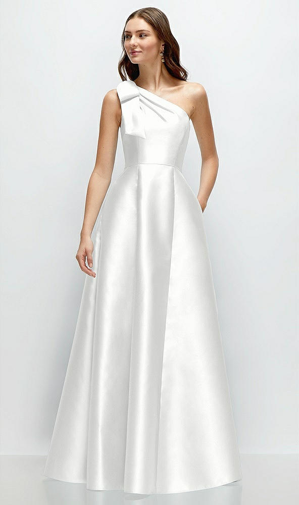 Front View - White Bow One-Shoulder Full A-Line Satin Maxi Dress