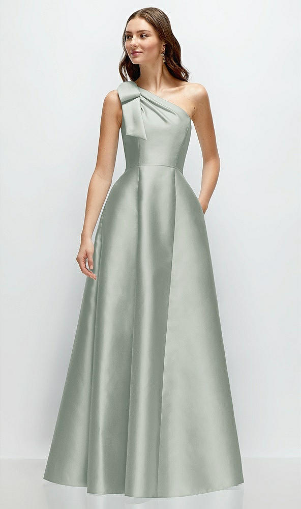 Front View - Willow Green Bow One-Shoulder Full A-Line Satin Maxi Dress