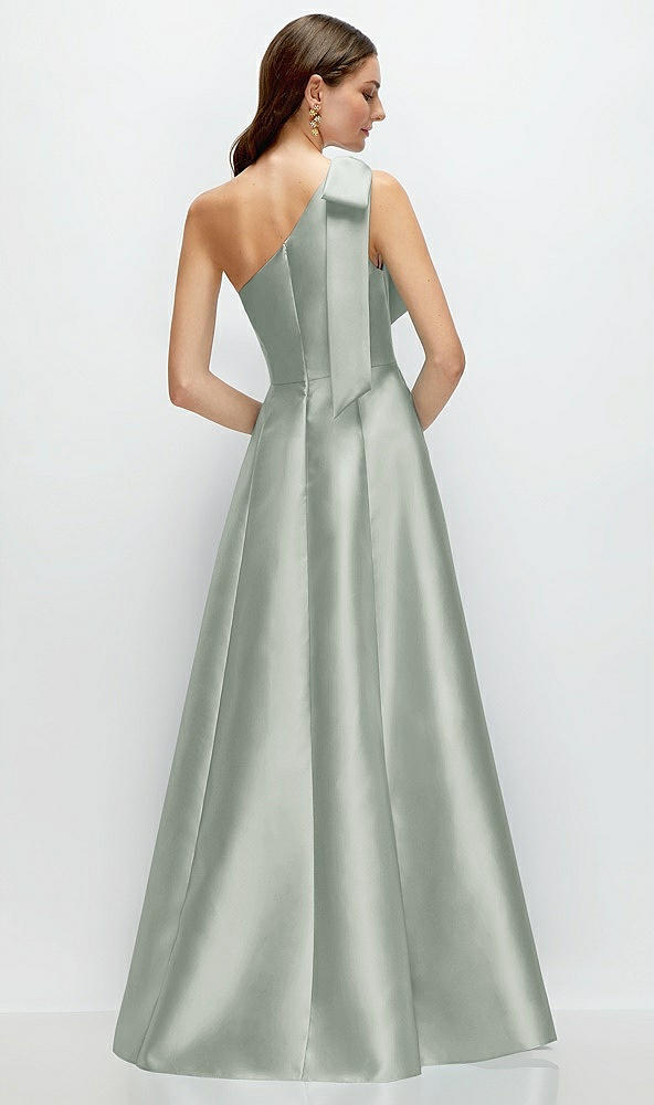 Back View - Willow Green Bow One-Shoulder Full A-Line Satin Maxi Dress