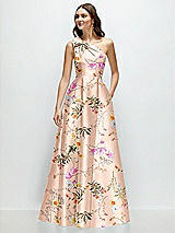 Front View Thumbnail - Butterfly Botanica Pink Sand Bow One-Shoulder Full A-Line Floral Satin Maxi Dress