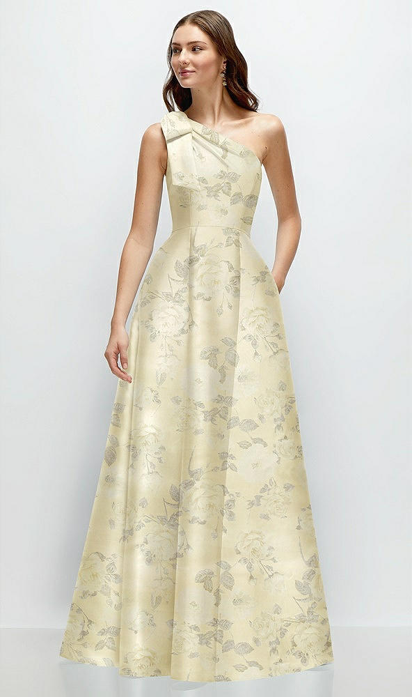 Front View - Butter Yellow Floral Bow One-Shoulder Full A-Line Floral Satin Maxi Dress