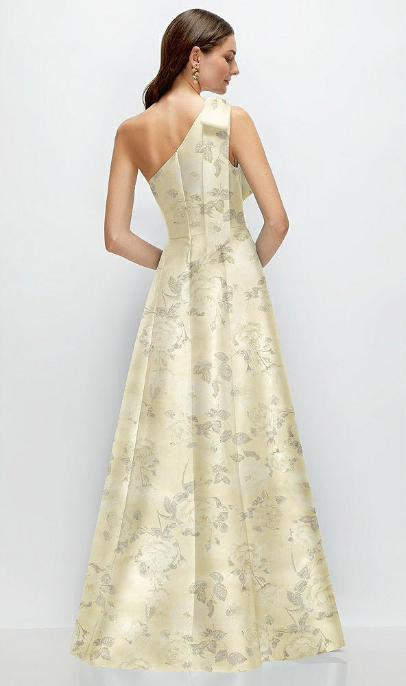 Back View - Butter Yellow Floral Bow One-Shoulder Full A-Line Floral Satin Maxi Dress