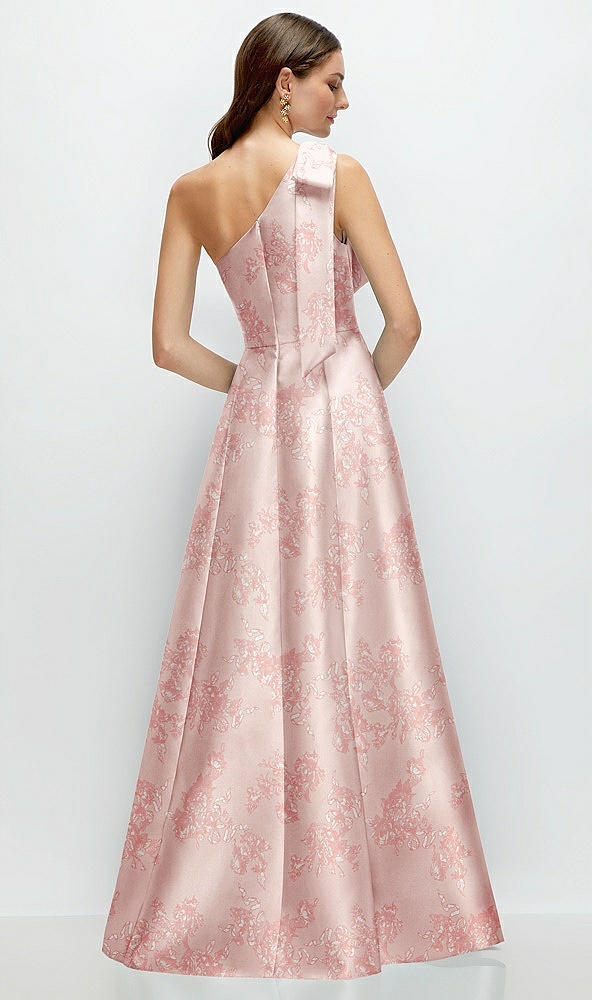 Back View - Bow And Blossom Print Bow One-Shoulder Full A-Line Floral Satin Maxi Dress