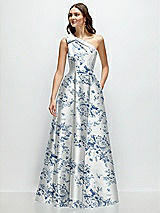 Front View Thumbnail - Cottage Rose Larkspur Bow One-Shoulder Full A-Line Floral Satin Maxi Dress