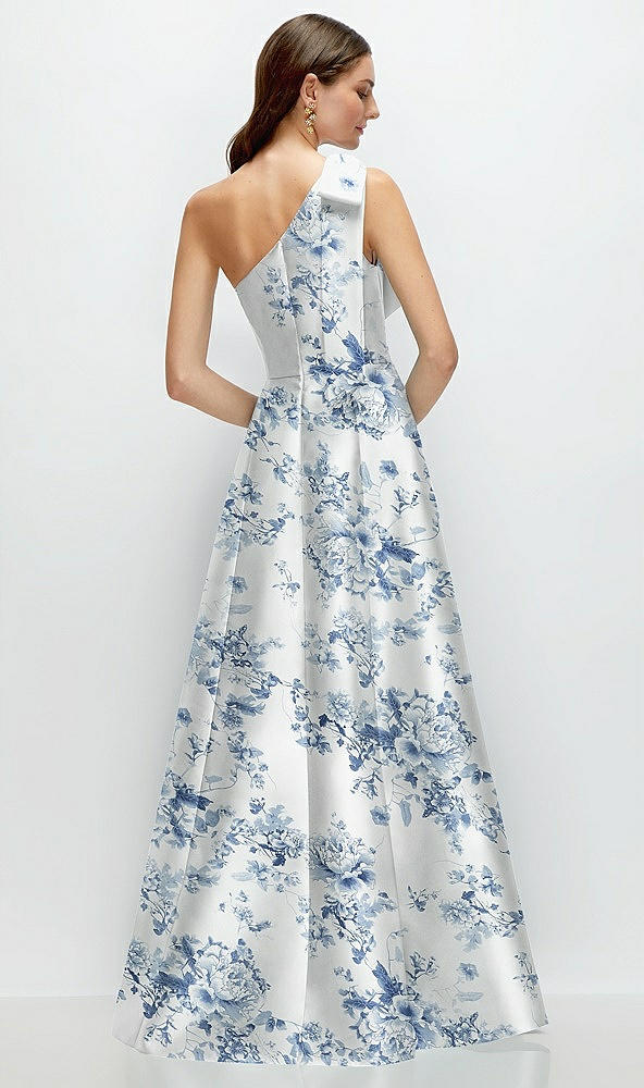 Back View - Cottage Rose Larkspur Bow One-Shoulder Full A-Line Floral Satin Maxi Dress