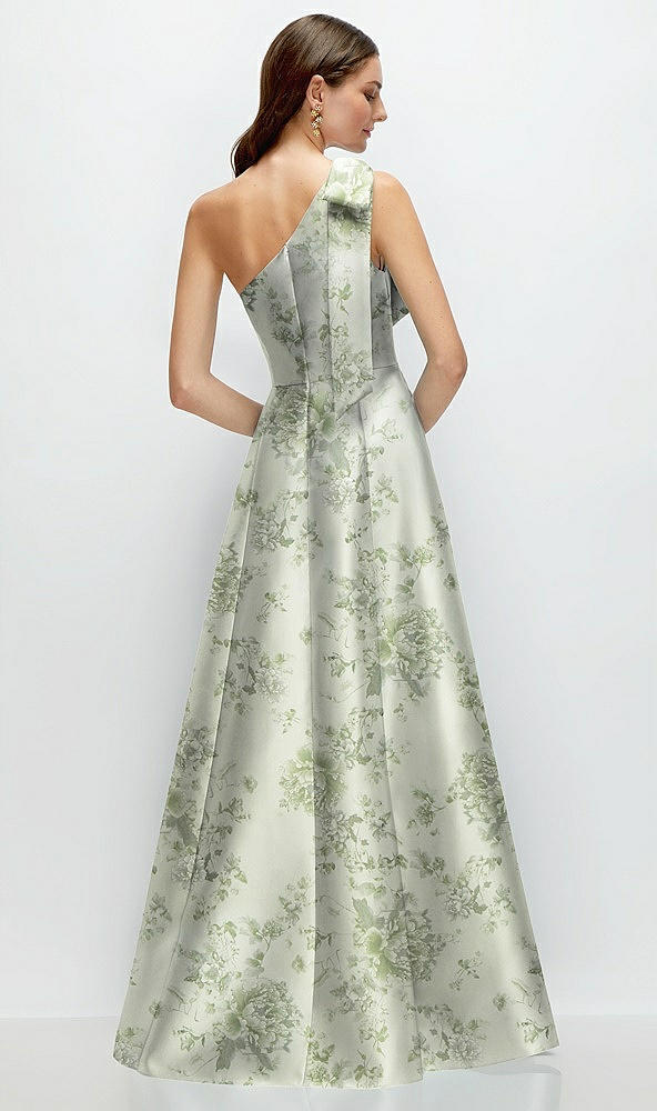 Back View - Sage Cottage Rose Bow One-Shoulder Full A-Line Floral Satin Maxi Dress